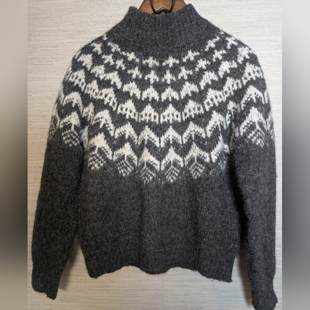Joie Fair Isle Mock Neck Wool Blend Sweater Grey White Large
